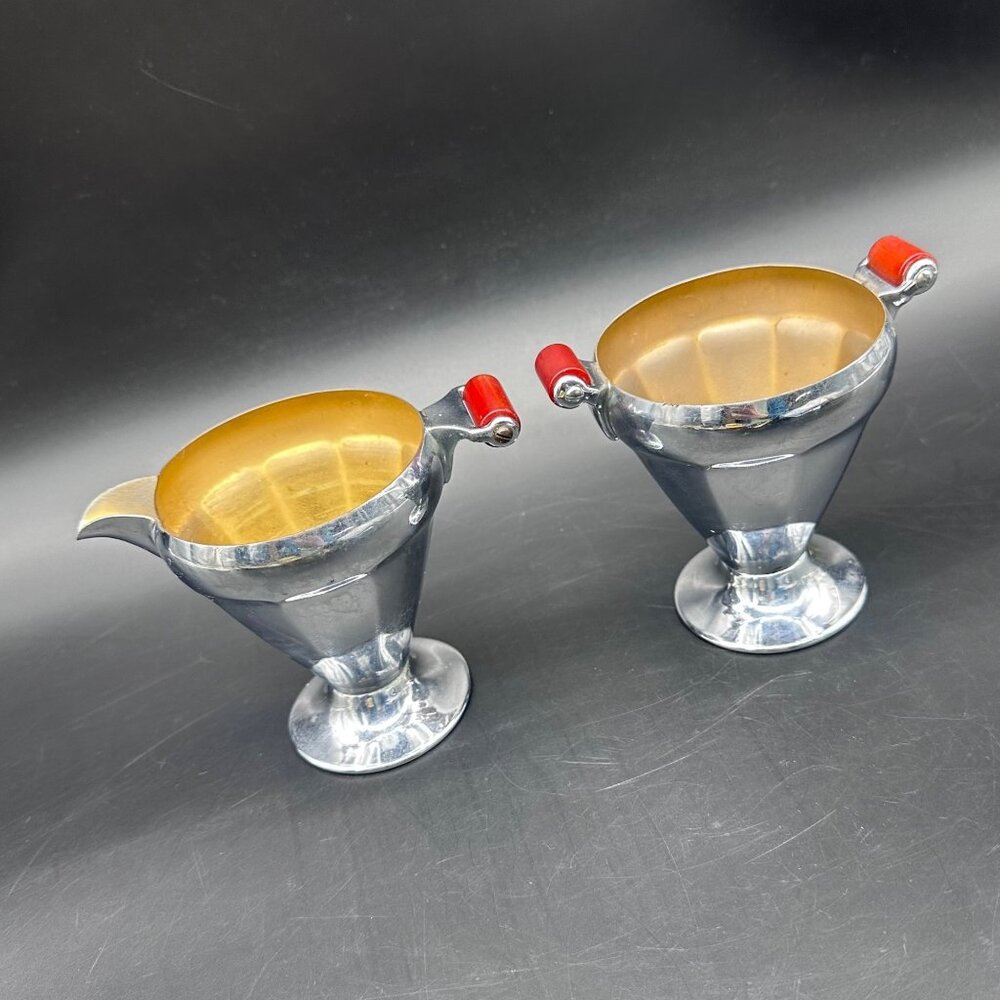Vintage Creamer Sugar Bowl Art Deco 1930s Chrome Cherry Red Bakelite Handles